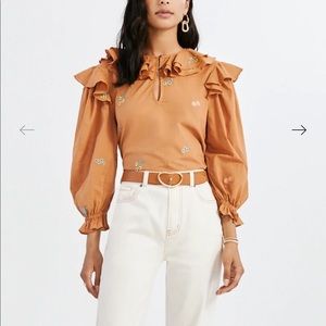 NWT Something Navy Embriodered Ruffle Top in Camel - Size Small